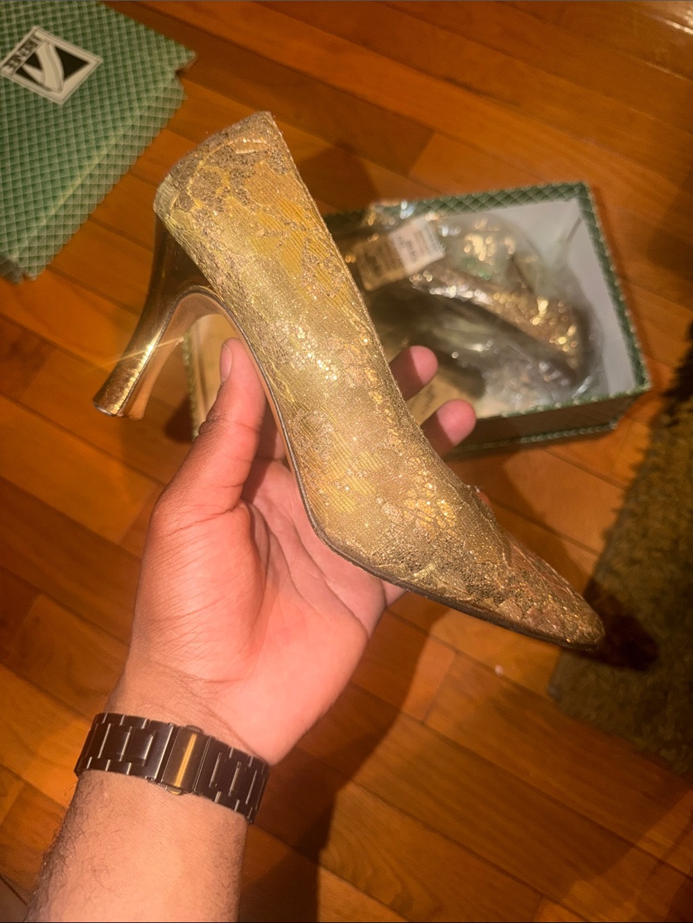 J.Renee Gold Lace Pointed Toe Pump